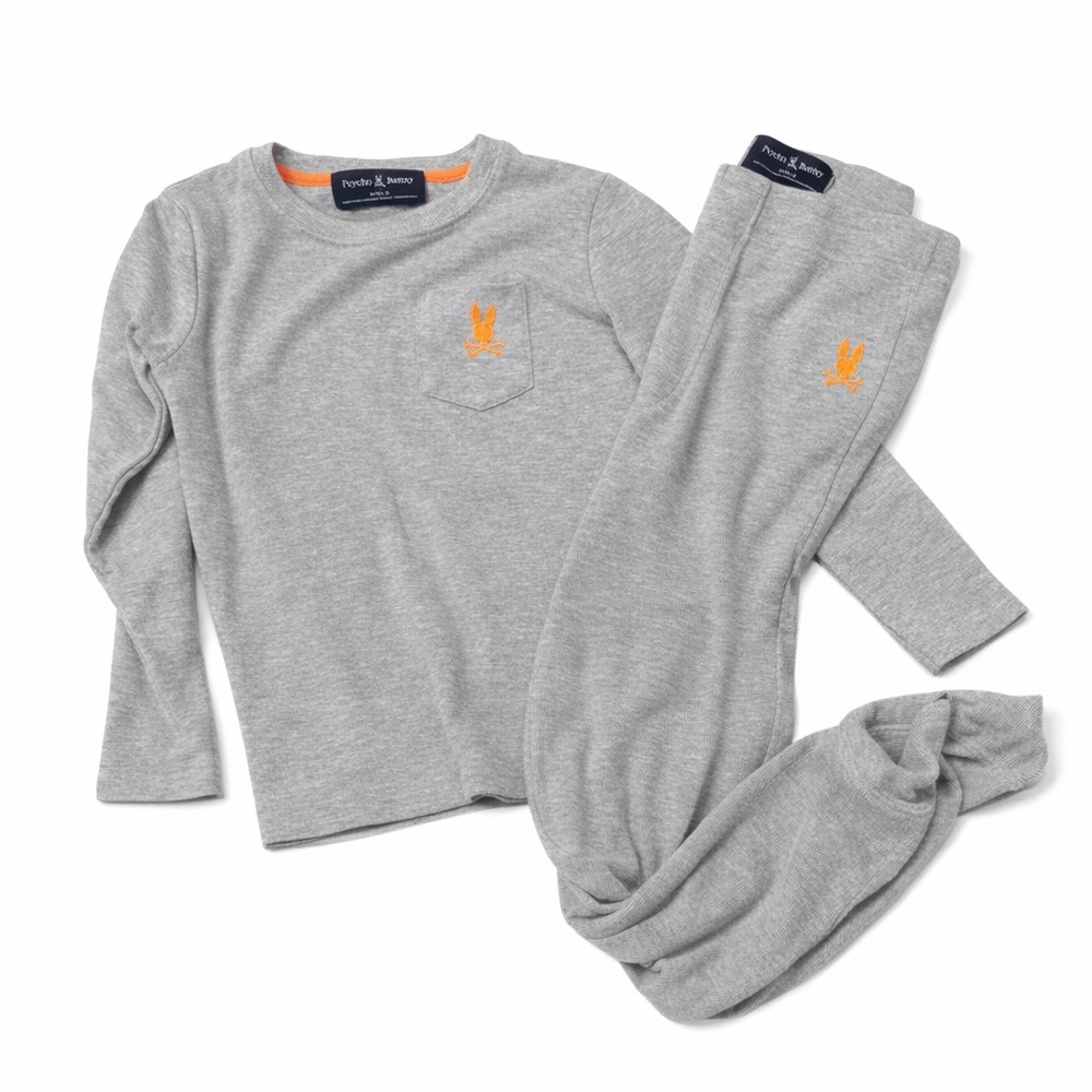 Psycho Bunny Gray Thermal Kids PJ Set with Orange Trim